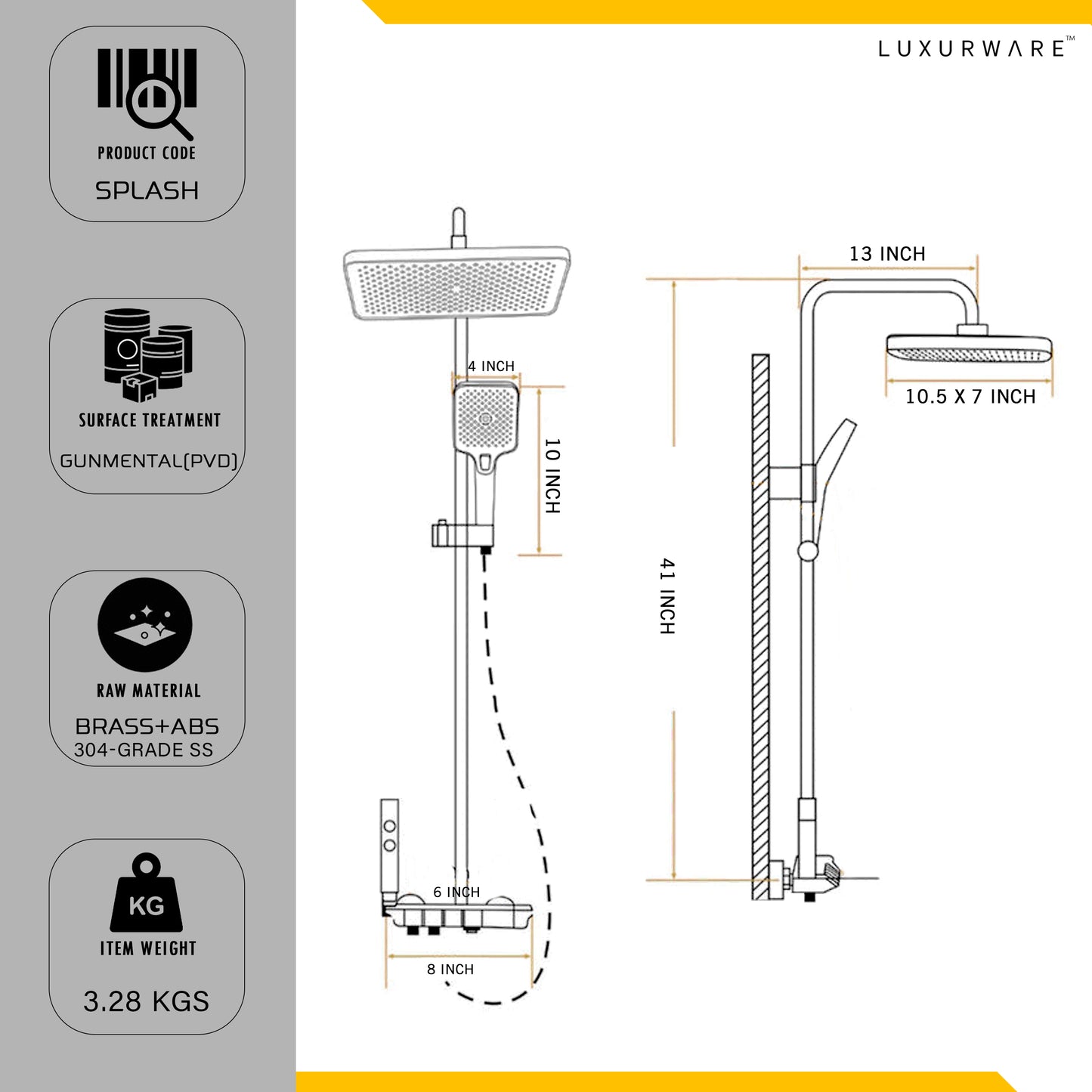 Luxurware SPLASH – Designer Shower System with Wide Rainfall Head, Smart Controls & Triple Outlet Function