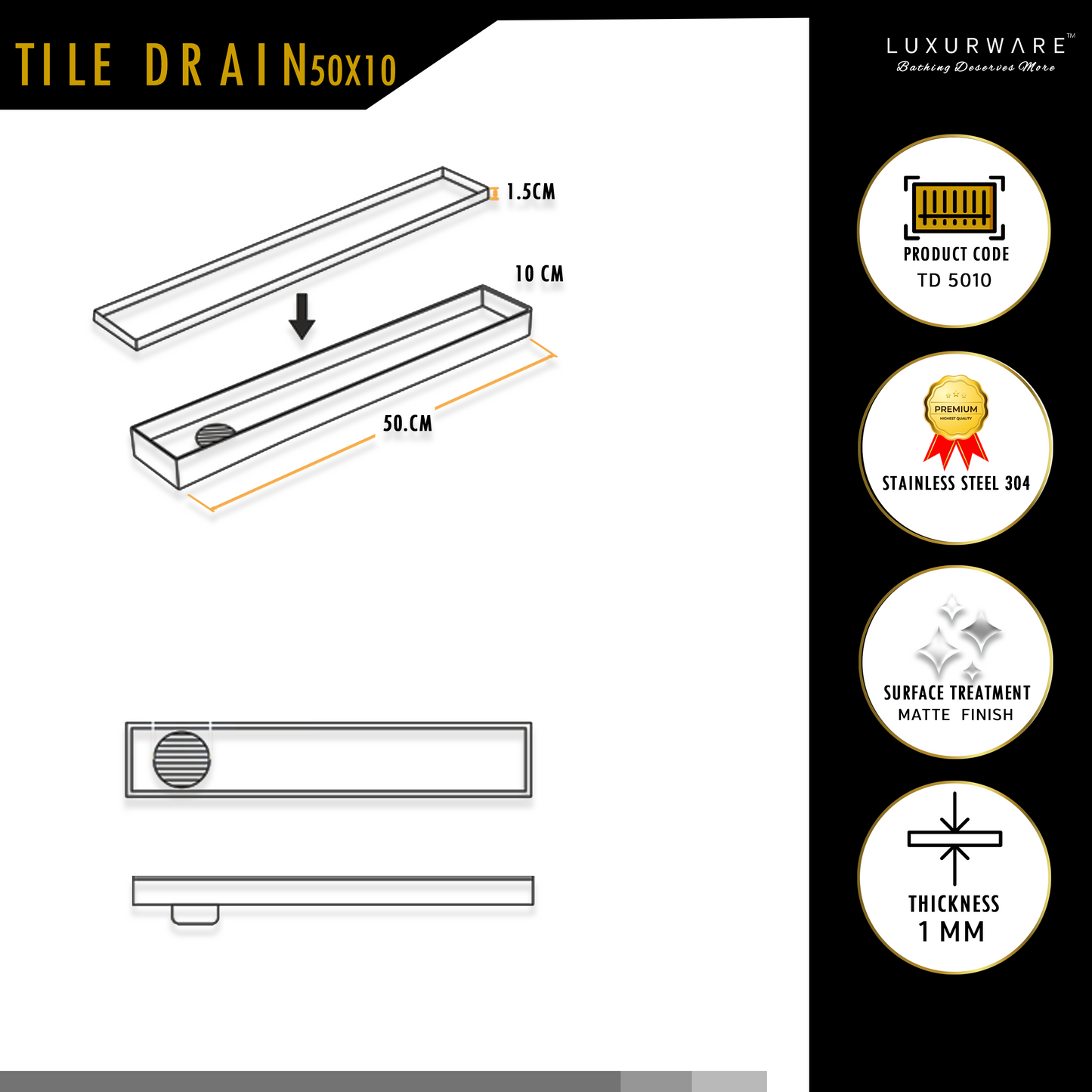 Tile Drain 50x10 cm  | Premium SS 304