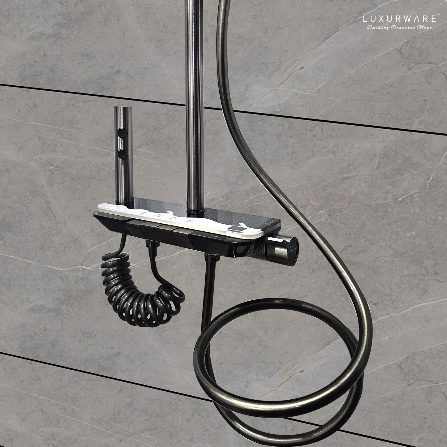 Luxurware AURA - BRASS Smart Shower System – 4 Flow Modes, LED Lighting, Digital Controls, Overhead & Hand Shower, Dual-Mode Water Spray Faucet