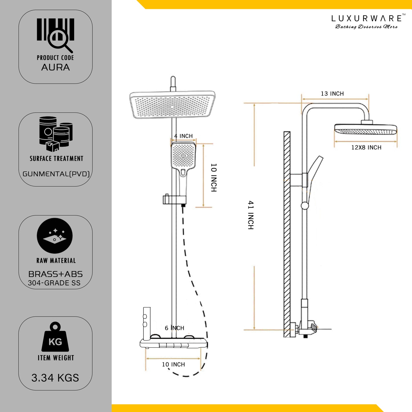 Luxurware AURA - BRASS Smart Shower System – 4 Flow Modes, LED Lighting, Digital Controls, Overhead & Hand Shower, Dual-Mode Water Spray Faucet