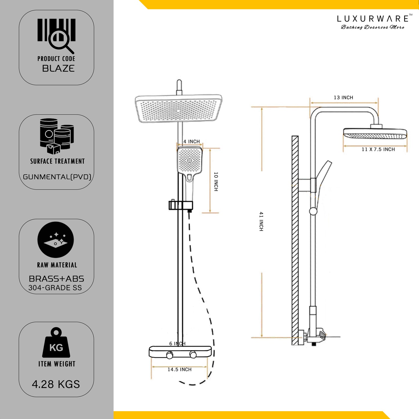 Luxurware BLAZE – Sleek Matte Black Overhead & Hand Shower System
