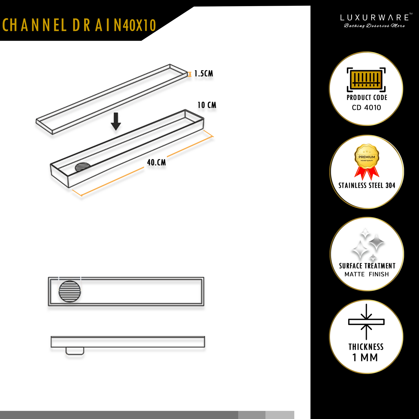 Channel Drain 40x10 cm  | Premium SS 304
